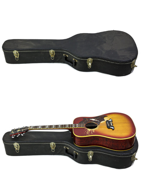 A vintage 1968 Gibson Dove and another guitar, both in cases, displayed against a white backdrop.