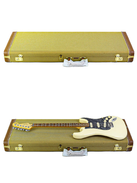 A white Fender Jeff Beck Signature Stratocaster guitar nestled in a protective case, ready for performance.
