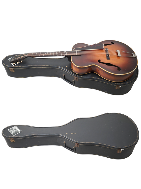 A white background features two vintage guitars, including a 1938 Kalamazoo KG-32, housed in a protective case.