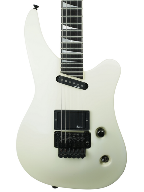 A white electric guitar featuring a black pickup, showcasing the Jackson Phil Collen Signature PC1 Archtop from 1989.