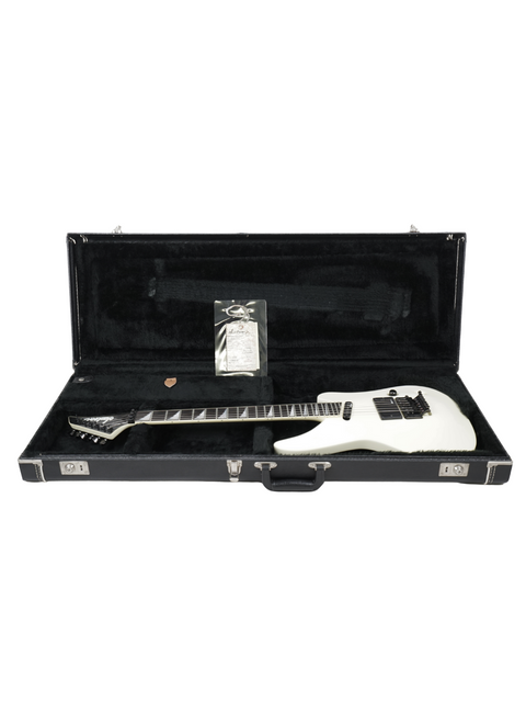 A white electric guitar inside a case, representing the Jackson Phil Collen Signature PC1 Archtop, USA, from 1989.