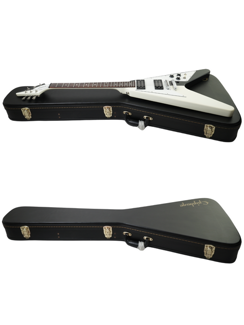 A white electric guitar partially in its black hard case, both against a white background.