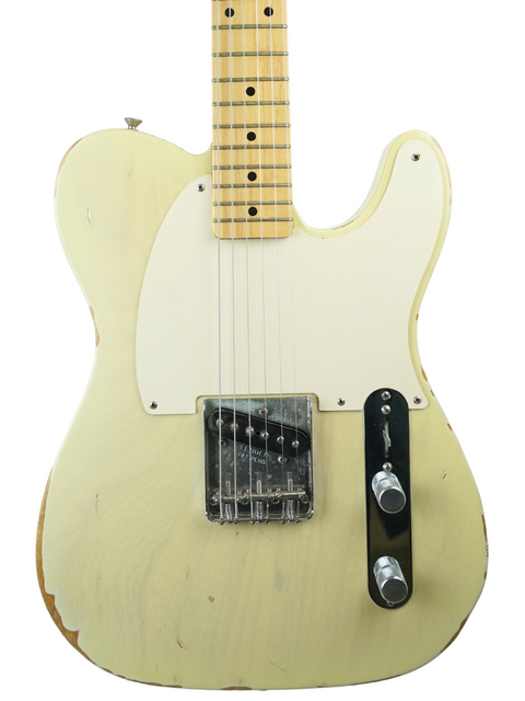 A white electric guitar with a wooden body, featuring the Fender Custom Shop '59 Esquire Journeyman Relic from 2003.
