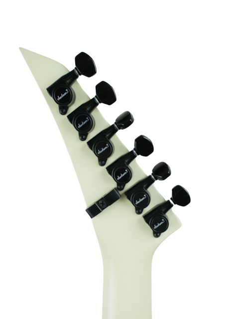 A white guitar with black and white strings, showcasing the Jackson Phil Collen Signature PC1 Archtop from 1989.