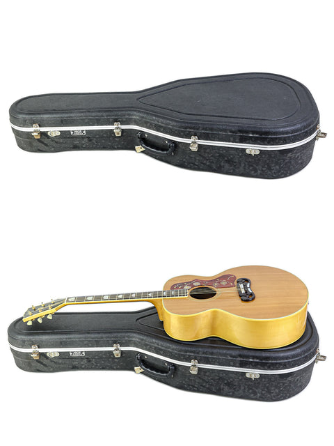 An image displaying two perspectives of a 1984 vintage Gibson SJ-200 acoustic guitar case, highlighting its classic features.