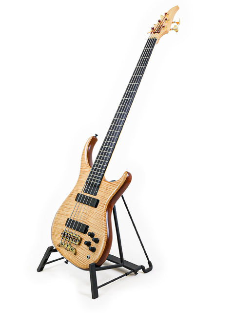 Angled view of the Alembic Orion 5-string bass guitar on a stand, emphasizing its elegant curves and premium finish.