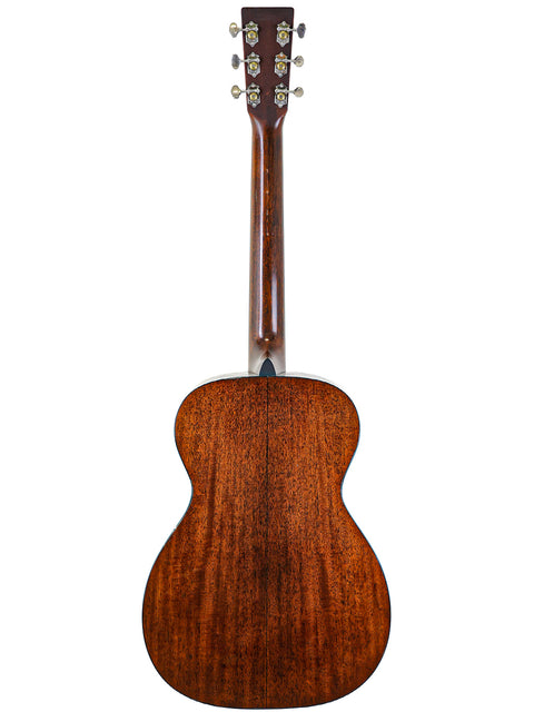 Back of a 2021 Martin 0-18 acoustic guitar, featuring a polished wood surface and classic design, made in the USA.