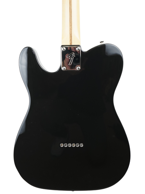 Back of a black electric guitar with neck plate and string ferrules visible.