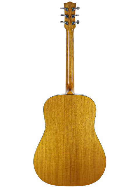 Back of an acoustic guitar, Maton M225 from Australia, made in 1996, emphasizing its stunning wood details and craftsmanship.