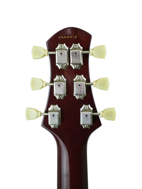 Back of the headstock on Belman Double Cut Grand, showing the serial number and classic tuning machines.
