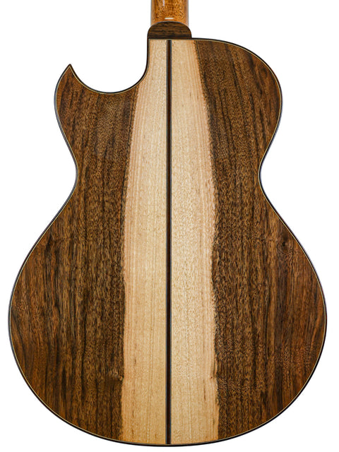 Back view of a Gary Rizzolo SJ Custom guitar, showcasing its elegant wooden back, crafted in Australia, 2013.

