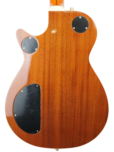 Back view of a Gretsch Roundup 6121W Reissue guitar, showcasing its beautiful wooden body and craftsmanship from Japan 2003.
