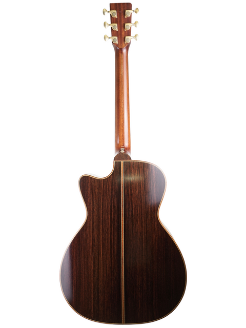Back view of a Lakewood M-NC CP New Century II Grand Concert acoustic guitar, showcasing its elegant wooden back.