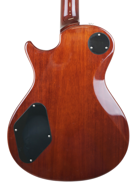 Back view of a PRS S2 Singlecut Semi-Hollow electric guitar with a beautiful wooden body, showcasing its craftsmanship.