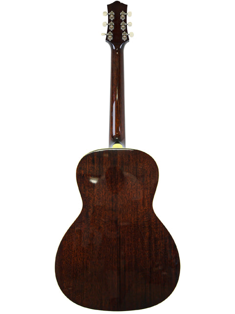 Back view of a brown acoustic guitar with a dark wood finish, isolated on a white background.