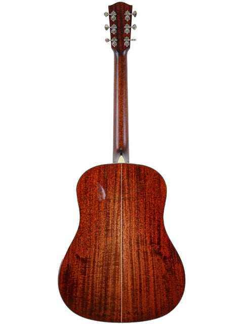 Back view of an acoustic guitar showing the wood grain.