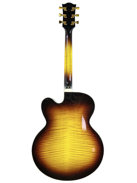 Beautiful sunburst Gibson L-5 CES guitar, USA-made in 2002, showcasing craftsmanship by James Hutchins Masterlabel.
