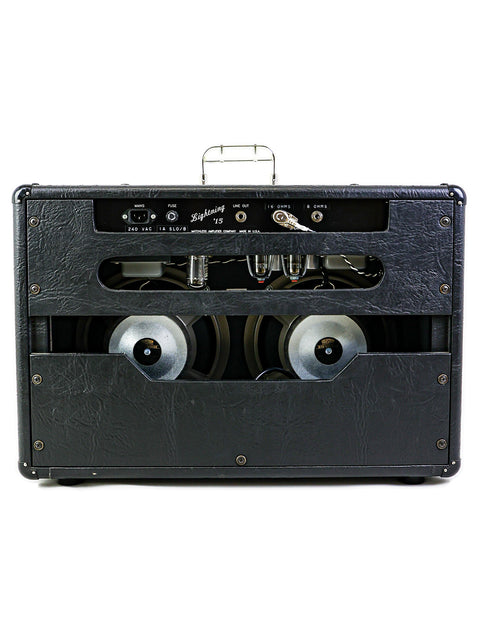 Black Matchless Lightning 15 Combo amplifier from 1997, showcasing two speakers mounted on its top surface.