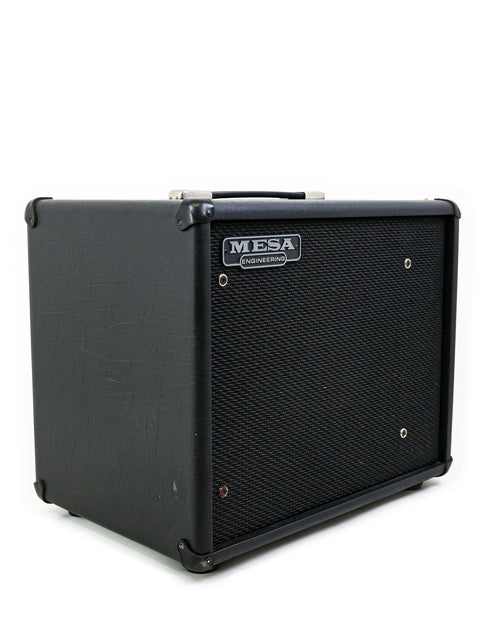 Black Mesa Boogie 1x12" speaker box with a protective cover, displayed on a white backdrop.