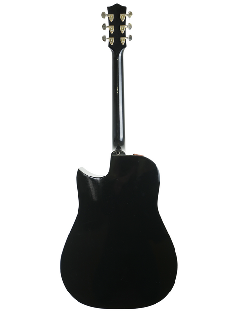 Black acoustic guitar on a white backdrop, showcasing the 1989 Maton Tommy Emmanuel 'Ebony' Signature model.