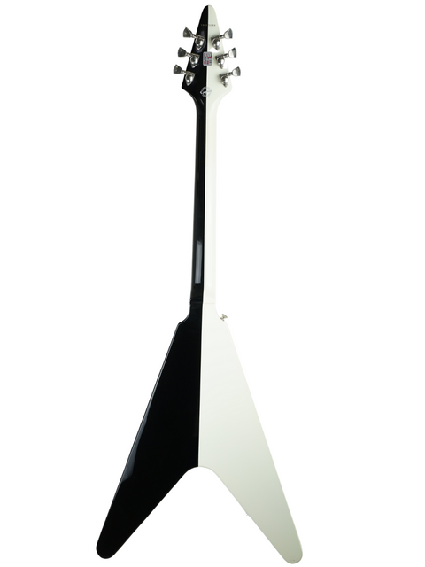Black and white flying V electric guitar isolated on white background.