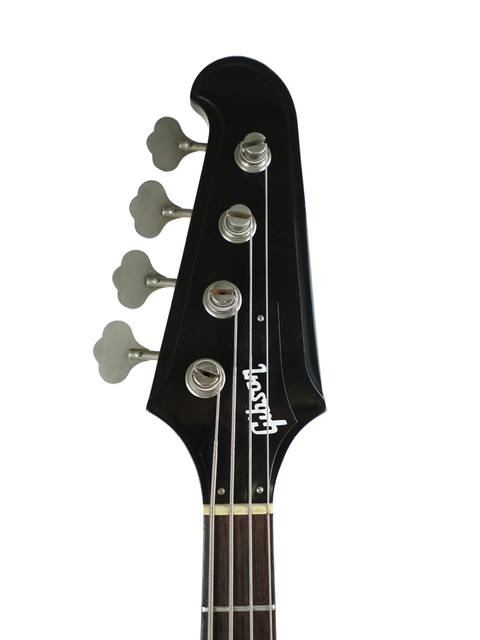 Black bass guitar with red and white designs, showcasing the vintage 1976 Gibson Bicentennial Thunderbird IV model.
