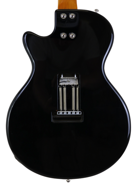 Black electric guitar body with strings attached to the bridge and neck visible.