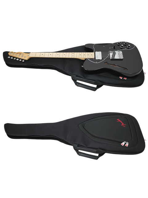 Black electric guitar on top of its soft case, both isolated on a white background.