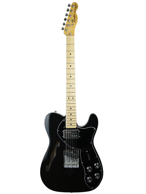 Black electric guitar with a maple neck on a white background.