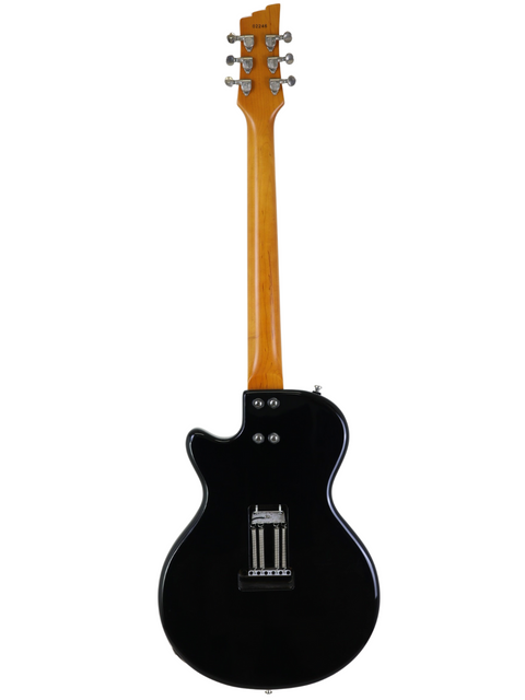 Black electric guitar with a wooden neck, isolated on a white background.