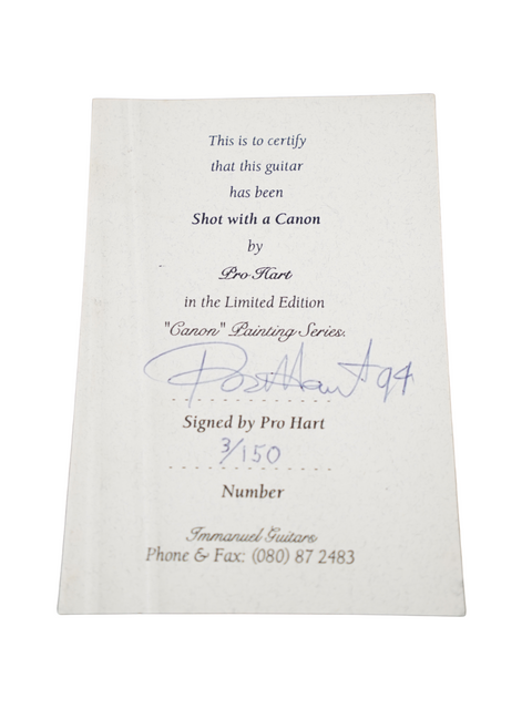 Certificate of authenticity for a shoe store, showcasing the limited edition David Hart Guitars Pro Hart Telecaster from 1994.
