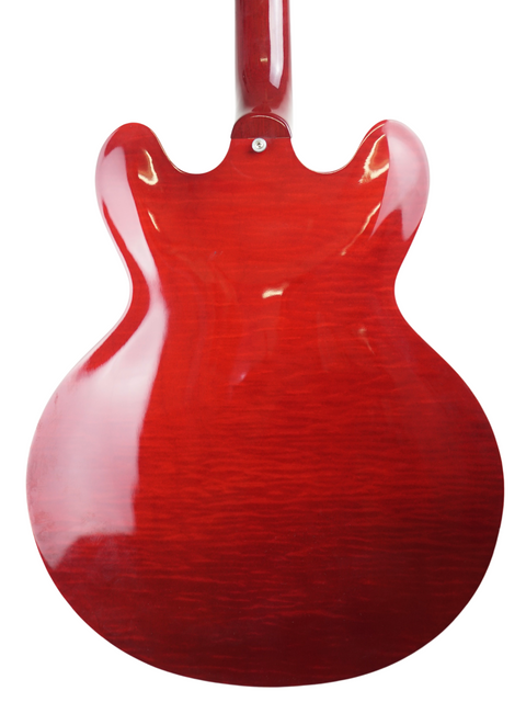 Classic red Gibson ES-335 Dot guitar with a black pickguard, exemplifying the artistry of USA craftsmanship from 2006.
