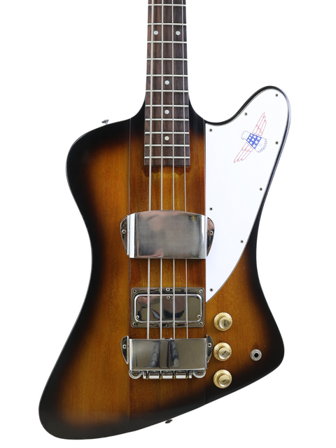 Close-up of a 1976 Gibson Bicentennial Thunderbird IV Bass, showcasing its brown body and elegant white headstock.