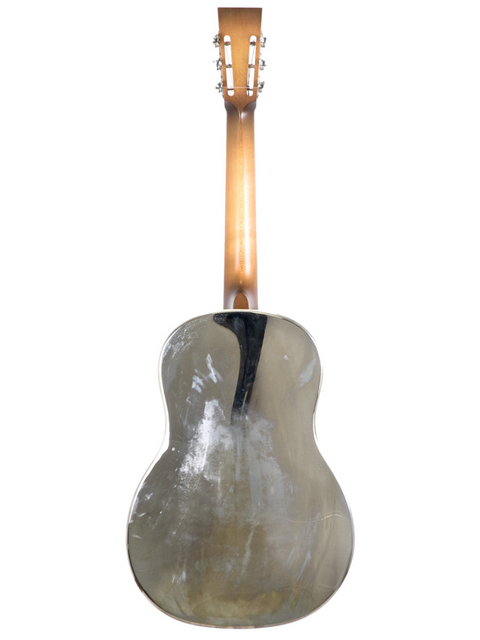 Close-up of a 2001 National Resophonic Style N Resonator guitar showcasing its wooden back and neck design.