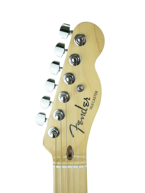 Close-up of a Fender Telecaster guitar headstock with tuning pegs, isolated on white.