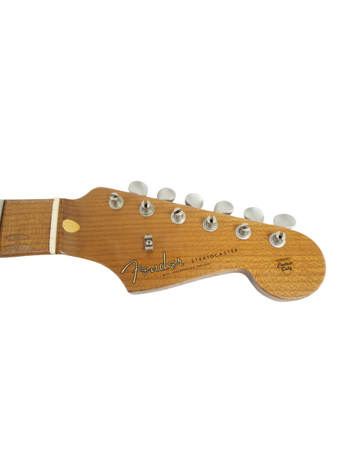 Close-up of a Fender guitar headstock against a white background, featuring the 2019 Roasted Maple Stratocaster Neck.
