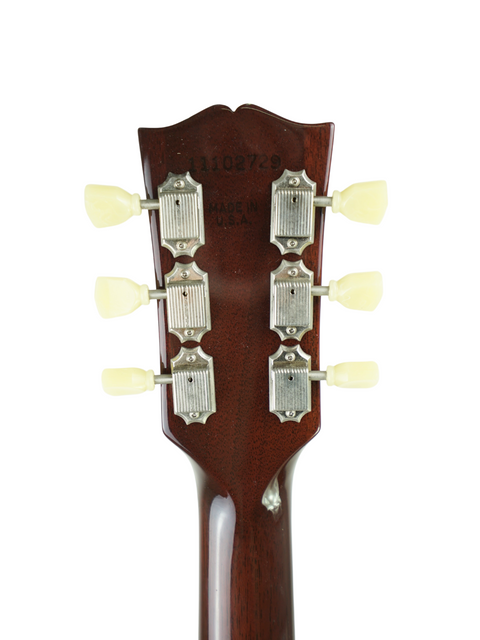 Close-up of a Gibson Custom ES-335 electric guitar neck in Iced Tea finish, showcasing its elegant design and craftsmanship.