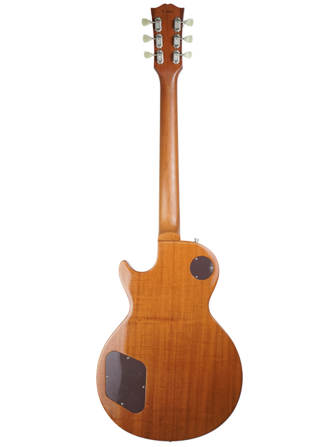 Close-up of a Gibson Custom Shop LPR-7 1957 Les Paul Goldtop Reissue, showcasing its elegant wooden body and neck.