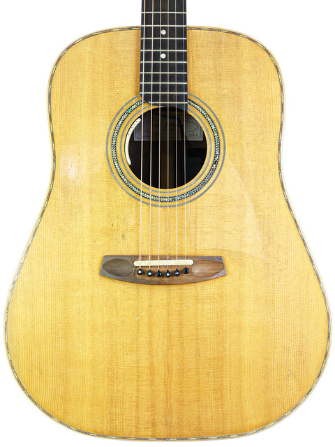 Close-up of a Jim Williams WD-40 acoustic guitar against a white background, showcasing its intricate details and craftsmanship.