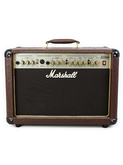 Close-up of a Marshall MXR 50W head, emphasizing its professional design and acoustic power for live performances.