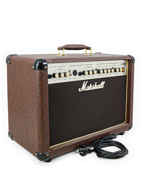Close-up of a Marshall MXR 50W head, emphasizing its quality craftsmanship and versatility for acoustic guitarists.