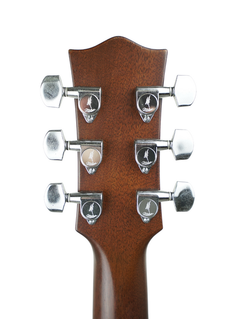 Close-up of a Maton CW80/6 acoustic guitar neck, showcasing its wood grain and intricate fret details from Australia, 1991.