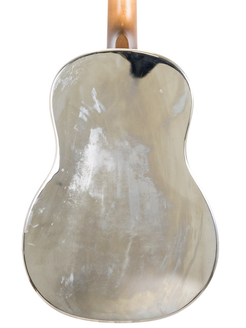 Close-up of a silver guitar featuring a wooden back, identified as a National Resophonic Style N Resonator, USA 2001.
