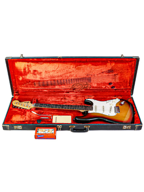 Close-up of a vintage 1974 Fender Stratocaster, emphasizing its timeless design and American craftsmanship.