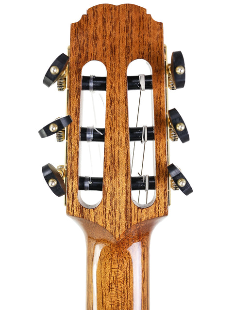 Close-up of a wooden guitar headstock with tuning pegs on a white background.