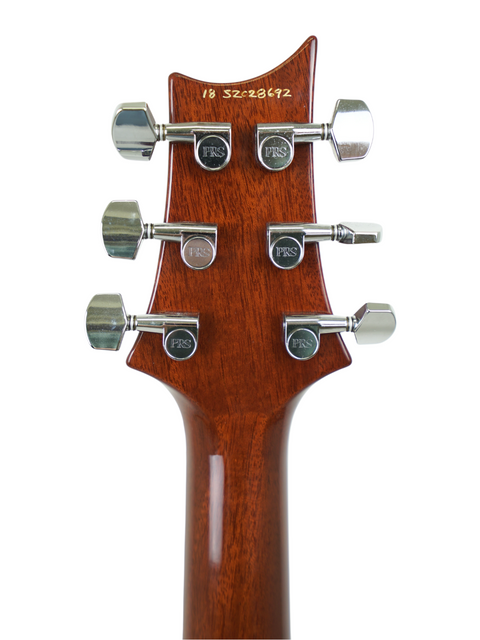 Close-up of the headstock of a PRS S2 Singlecut Semi-Hollow electric guitar from 2018, showcasing its elegant design.
