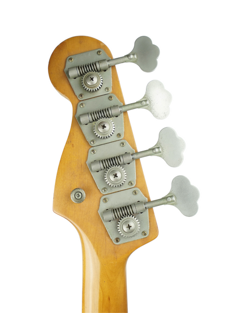 Close-up of the headstock of a guitar with tuning pegs on a white background.