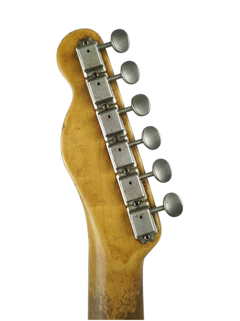 Close-up shot of the neck on a Nacho Guitars 50s Stratocaster, emphasizing its quality and design, made in Spain, 2024.