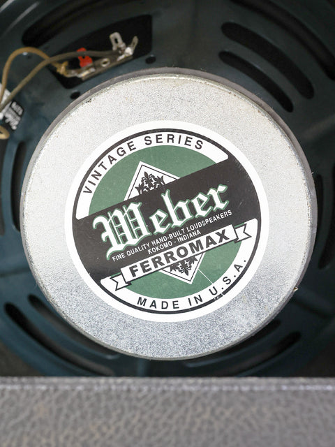 Detailed shot of a retro metal disc labeled "Werner," from a 1965 Fender Deluxe Reverb 1x12" combo amp.