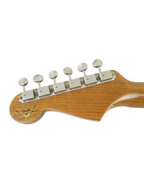 Detailed view of a 2019 Fender Custom Shop Roasted Maple Stratocaster neck, highlighting its elegant wood craftsmanship.